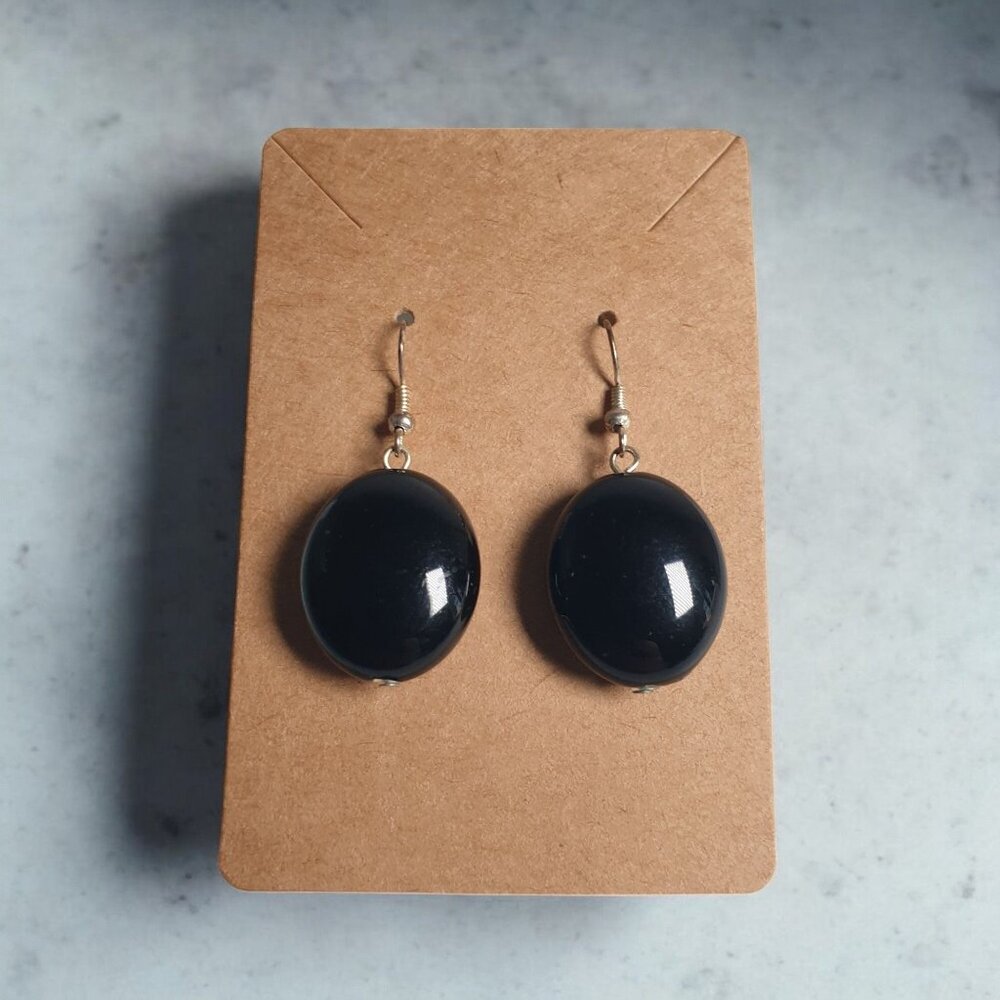 Oval Black Acrylic Dangle Earrings With Silver Hooks Fashion Costume Accessory